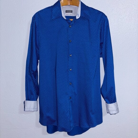 Van Heusen Air Blue Geometric Print Dress Shirt 16.5 34/35 Regular Fit Stretch - Picture 2 of 10